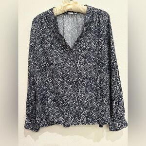 GAP Women's Floral Long Sleeve Blouse - Navy and White, Small EUC